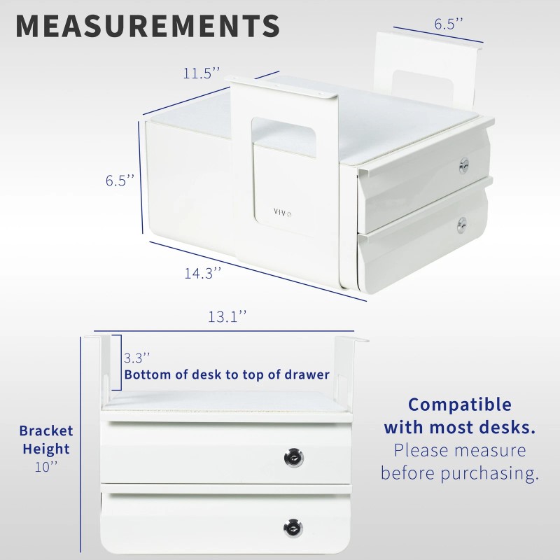 VIVO White Under Desk Lockable Pull Out Storage Drawers, Workspace