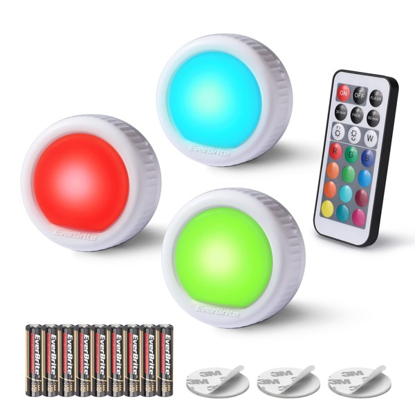 EverBrite Tap Light, Push Light, LED Puck Lights with 12 RGB Colors, Wireless Touch Light Under Cabinet, 80 Lumens Night Light for Closet, Bedroom, Wall, Classroom, 9 AAA Batteries Included, 3-Pack