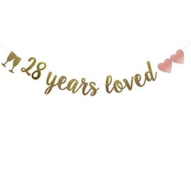 28 Years Loved Banner, Pre-Strung, Gold Glitter Paper Garlands for 28th Birthday/Wedding Anniversary Party Decorations Supplies, No Assembly Required,Gold,SUNbetterland