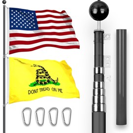 G128 Combo Pack: 20 Ft Telescoping Aluminum Flagpole (Black) & American and Gadsden Flags 3x5 Ft, Both StormFlyer Series Embroidered 220GSM Spun Polyester | Pole with Flags Included