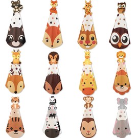 GotGala 12Pieces Safari Party Hats Jungle Animal Safari Theme Cone Paper Hats for Kids Zoo Birthday Party Supplies Favor