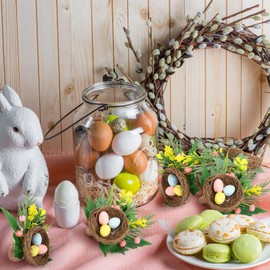 WILLBOND 6 Pcs Bird Nest Easter Spring Napkin Rings Purple Green and Pink Easter Eggs Napkin Ring Holder Rattan Farmhouse Tissue Rings for Table Decor Dinner Party Settings