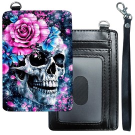 DHYYDSQZ Slim Minimalist Wallet for Men Women Small Credit Card Holder Wallet Front Pocket RFID Blocking Wallets Travel Thin Card Case with ID Window Card Organizer & Wristlet,Skull Flowers Rose