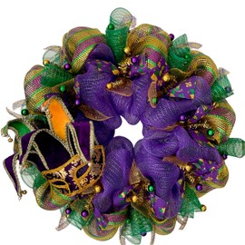Mardi Gras Wreath Venetian Jesters Mask Handmade Deco Mesh 24inch and 28 inch diameter