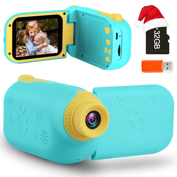 GKTZ Kids Video Camera Digital Camera Camcorder Birthday Gifts for Boys and Girls Age 3 4 5 6 7 8 9, HD Children Video Recorder Toy for Toddler with 32GB SD Card - Blue