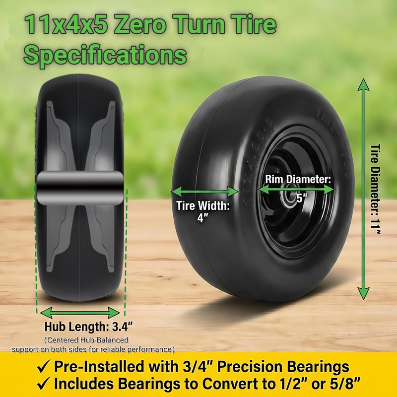 11x4.00-5 Lawn Mower Tires Flat Free, 2 Pack 11x4-5 Solid