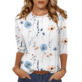 Zeagoo Women's 3/4 Sleeve Tunic Top Dressy Crew Neck Floral Print Tshirts Casual Basic Blouse Cute Work Tops