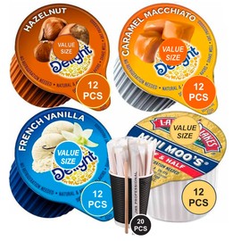 Coffee Creamer Singles Variety Pack - 48-Count Assorted Non Dairy Liquid Coffee Creamers - 4 Flavors: French Vanilla, Hazelnut, Caramel Macchiato & Half and Half and as a gift 20 wooden coffee stirrers wrapped in paper from JMS PROFESSIONAL