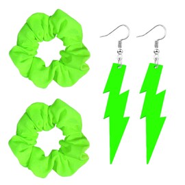 Neon Scrunchies & Neon Earrings 80s Neon Hair Accessories Elastic Neon Hair Scrunchies for Women Colorful Lightning Acrylic Drop Earrings Neon Scrunchies for Hair 80s Party Outfits-light green