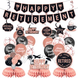 25Pcs Retirement Party Decorations for Women, Rose Gold Happy Retirement Banner Balloons Party Supplies, The Legend Has Retired Farewell Theme Honeycomb Centerpiece Swirl Decor