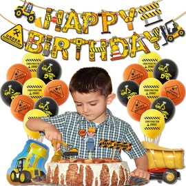 Construction Birthday Party Balloons Supplies, 39pcs Excavator Foil Balloons Construction Cupcake Toppers Construction Signs Construction Happy Birthday Banners for Birthday Party Decorations