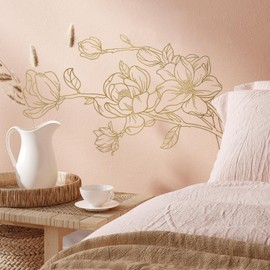 funlife Original Design Flower Wall Decals Peel and Stick, Handmade Vinyl Line Art Wall Decor for Women Bedroom, Medium Metallic Gold Magnolia