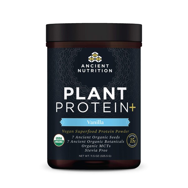 Ancient Nutrition Organic Plant Protein +, Vegan Plant Based Protein Powder, Vanilla, Formulated by Dr. Josh Axe, Dairy-Free, Gluten-Free, Non-GMO, No Sugar Added, Paleo Friendly Supplement 11.5 oz