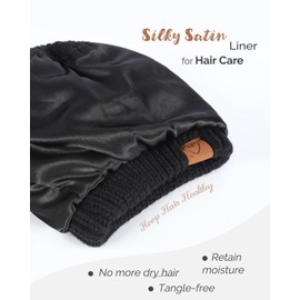 Hat Hut Satin Lined Beanie Hat for Women Silk Lined Winter Hat for Curly Hair Ponytail Beanie Messy Bun Knit Skull Cap (Black)