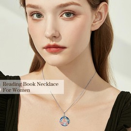 TOUPOP Book Lover Necklace for Women 925 Sterling Silver Rose Flower Reading Pendant Blue Crystal Jewelry Graduation Gifts for Student Friends Classmate Daughter