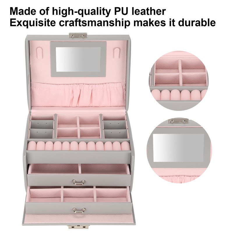 Three Layer Jewelry Storage Box PU Leather Necklace Rings Earrings