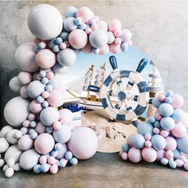 Laeacco 7.5x7.5ft Nautical Rudder Round Backdrop Blue White Rudder Helm Sailboat Lighthouse Circle Backdrop Cover Seaside Beach Sand Photo Background for Baby Shower Birthday Party Photo Booth Props