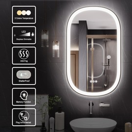 YIDABATH LED Mirror for Bathroom, 20x36 Inch Vanity Mirror with Lights，Anti-Fog Oval Bathroom Mirror, 3 Colors and Stepless Dimmable Wall Mounted Makeup Mirror with Metal Frame (Black)