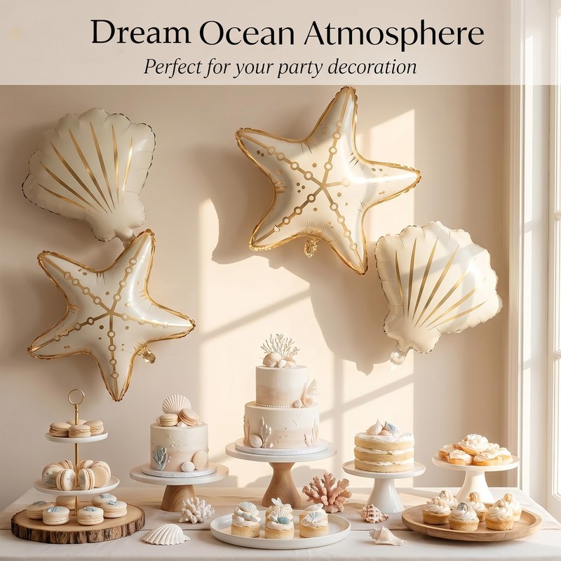 4pcs Starfish & Seashell Mermaid Foil Balloons for Under The