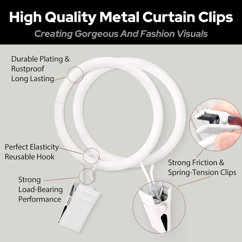 40Pcs Curtain Rings with Clips, White Premium Drapery Clips with