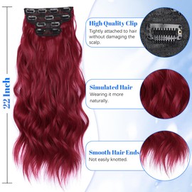 JIAMEISI Clip in Hair Extensions 4PCS Full Head Long Wavy Hair Extensions Synthetic Fiber 22 Inch 200g Clip in Thick Hairpieces for Women/Girls (#850A Dark Red)