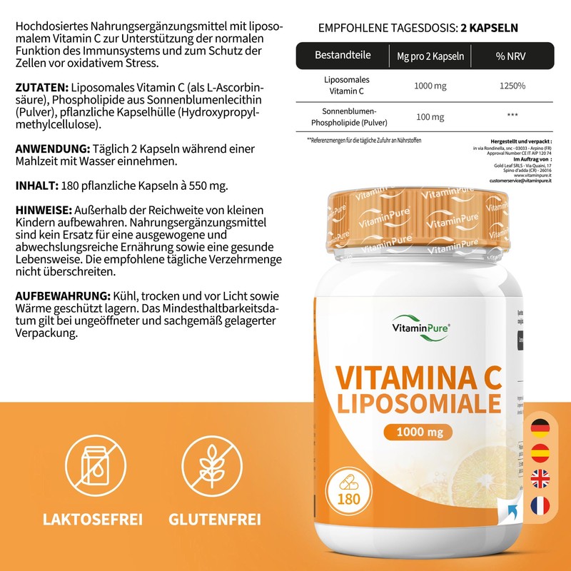 Liposomal Vitamin C 1000 mg, 180 Vegan Capsules with Sunflower