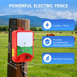Electric Fence Energiser 12v, Waterproof Electric Fence 2J Output for 10Km Range 3 Ways Solar Power Supply High Voltage Pulse Controller for Protect Poultry Livestock Cattle Sheep Horse Large Animals