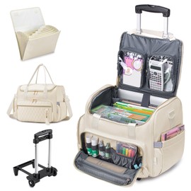 SUCIKORIO Rolling Laptop Bag 17.3 Inch With Accordion File Folder 3 IN 1 Rolling Briefcase for Women Waterproof Teacher Tote Bag With Wheels With Detachable Trolley for Office, College, Nurse, White