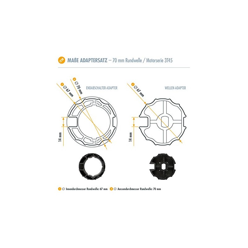 3T-MOTORS Adapter 70 mm for Awning Round Shafts, Adapter Set