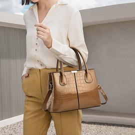 XingChen Handbag and Purse for Women Patent Leather Shoulder Bag Crocodile Pattern Top-Handle Satchel Tote Wallet(Gold)