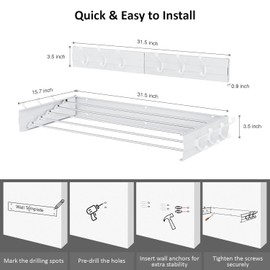 SZJoyBet Laundry Drying Rack, Collapsible Wall Mounted Clothes Drying Rack - Foldable,Space Saving, 13.2 Linear Ft, 5 Aluminum Rods, 60 lb Capacity (White, 31.5" Wide)