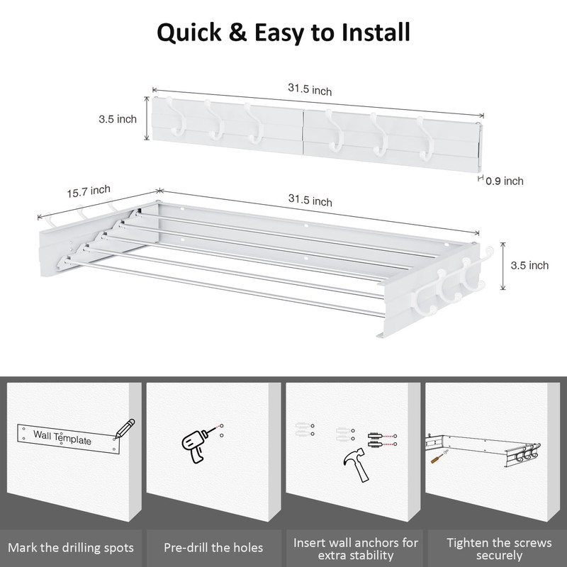 SZJoyBet Laundry Drying Rack, Collapsible Wall Mounted Clothes Drying Rack