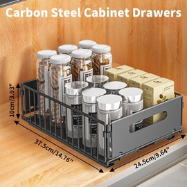 Benustra Slide Out Cabinet Organizer Adhesive, Pull Out Cabinet Organizer Sliding Shelf, 14.7”L x 9.6”W x 3.9”H Heavy Duty Fixed with Nano Film Handle for Kitchen Spice Drawer Organizer (2Pcs)