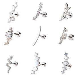 HJZHII Helix Piercing Earrings, 16G Cartilage Tragus Ear Jewellery Stainless Steel Flat Back Earring Stud Rhinestones(9)