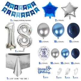 18th Birthday Decorations for Boys, Navy Blue Silver 18th Birthday Balloons Party Decorations with 18th Happy Birthday Banner, Confetti Number 18 Foil Balloons ​for 18th Birthday Party Decorations