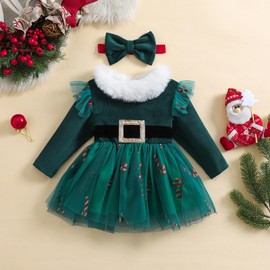 ZZLBUF Infant Toddler Baby Girl Christmas Dresses Santa Fur Trim Long Sleeve Tutu Dress Headband Christmas 2Pcs Outfits (Candy Cane Green, 2-3 Years)
