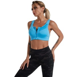 Jamron Women's Plus Size 2-Pack Strong Hold Sports Bra - Zip Front - Wireless & Removable Pads - Racerback Fitness Yoga Top, Blue + Purple