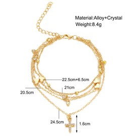 Prosy Layered Cross Anklets Gold Heart Ankle Bracelet Chain Crystal Foot Jewelry for Women and Girls