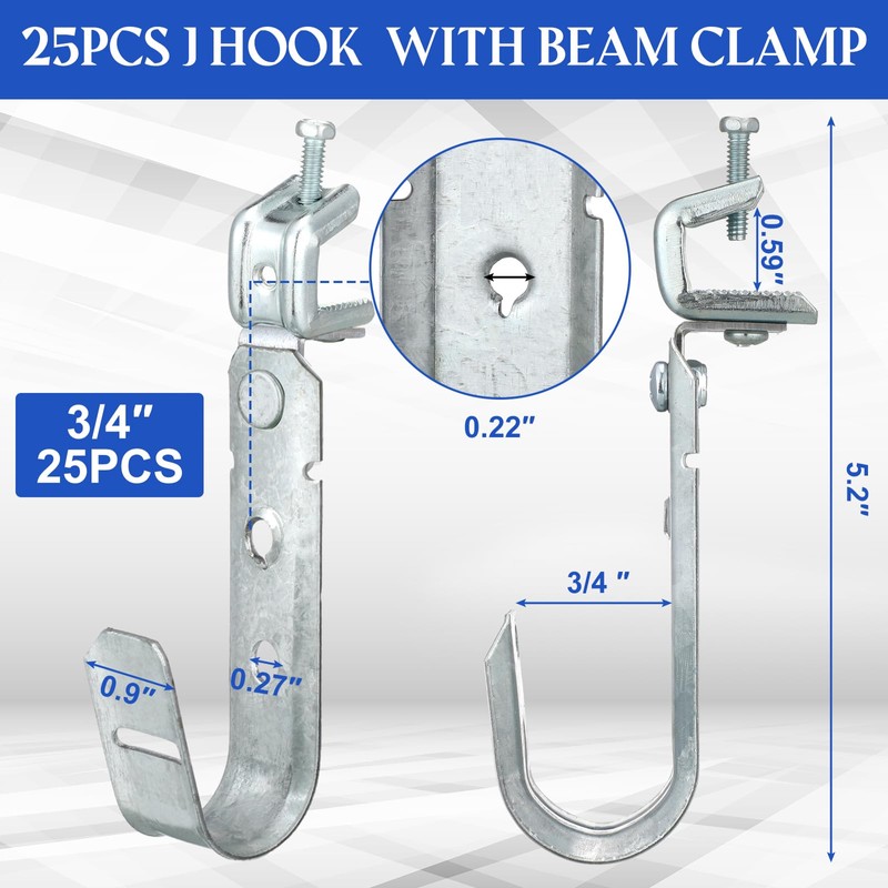 Tandefio 25 Pack Cable Support J Hook with Beam Clamp,