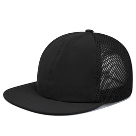 Clakllie Flat Bill Trucker Hat Breathable Mesh Back Cap Lightweight Flat Brim Hats Soft Top Baseball Cap Golf Dad Hat,Black