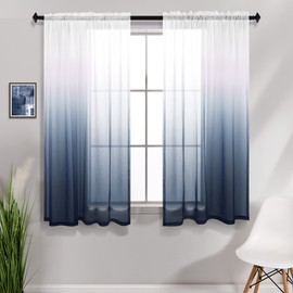KOUFALL Navy Blue Bathroom Curtains for Window 2 Panels Rod Pocket Small Short Ombre Sheer Curtains for Shower Room 42 x 45 Inch Length Blue and White