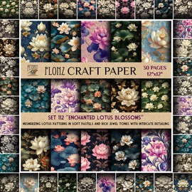 FLONZ Scrapbook Paper (30 pages 12"x12") Enchanted Lotus Blossoms: Mesmerizing lotus patterns in soft pastels and rich jewel tones with intricate detailing ~ Vintage Styled Double Sided Paper Pad