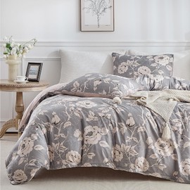 Tokokimo Grey Double Duvet Set Floral Bedding Set, Traditional Floral Flowers Printed Double Duvet Cover Set (1x Duvet Cover, 2x Pillowcases) Microfiber Duvet Cover Double 200x200 cm, Grey