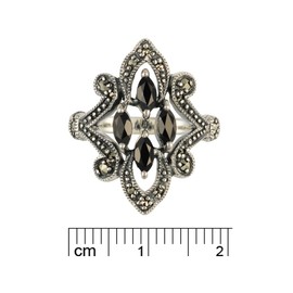 Esse Marcasite Sterling Silver Black Spinel and Marcasite Art Nouveau Dress Ring - Size L