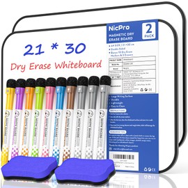 Nicpro 2 Pack Dry Erase Whiteboard A4, Magnetic Double Sided 21 x 30 cm White Board with Black Border, Including 10 Water-Based Pens and 2 Eraser for Kid Writing Drawing, Student School Classroom Use