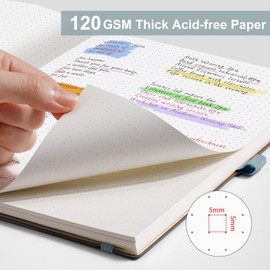 AHGXG Bullet Dotted Journal - Dot Grid Notebook Journal, 120 GSM Thick Acid-Free Paper, Large B5 Dotted Notebook 96 Pages, Leather Softcover, Inner Pocket, Journal Stencil, 7.6'' X 10'' - Gray Blue