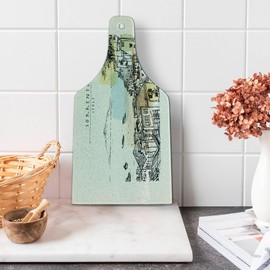 Lunarable Amalfi Coast Cutting Board, Sorrento Italy Lettering Sketchy Design Image with Houses and Boats, Decorative Tempered Glass Cutting and Serving Board, Wine Bottle Shape, Multicolor
