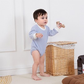 VISGOGO Unisex Baby Boy Girl Striped Romper Waffle Long Sleeve Bubble Oversized Romper Bodysuit Top Fall Onesie Clothes (Blue, 0-3 Months)