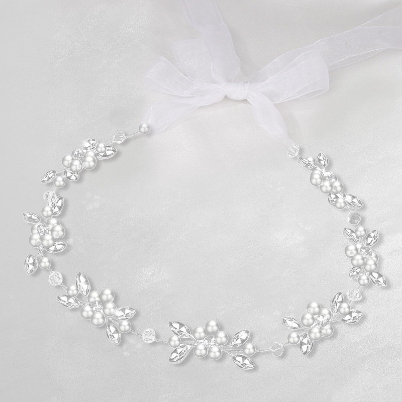 Pearl Crystal Bridal Hair Vine with Ribbon Ties, Silver Wedding