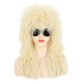 Karlery Adult Men Women Long Curly Blonde Wig 70s 80s Heavy Metal Rocker Mullet Costume Wig
